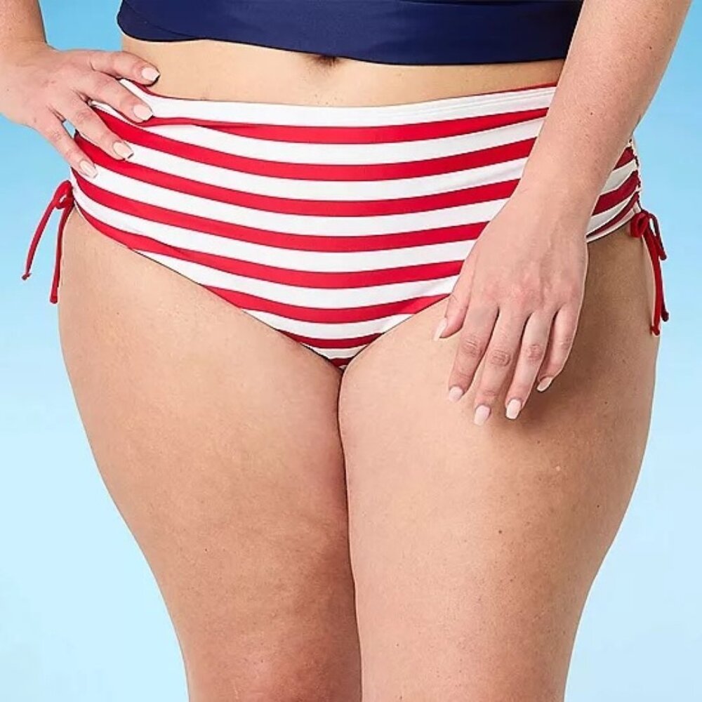Outdoor Oasis Red  White Striped Plus Size Bikini Bottoms With Side Ties Size 2X